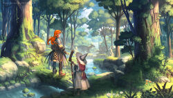 Rule 34 | 2girls, armor, artist name, blue eyes, brown footwear, brown hair, cape, concept art, day, dinosaur, eye contact, fantasy, fingerless gloves, flower, forest, gloves, hat, highres, holding, holding staff, log, looking at another, moss, multiple girls, nagi itsuki, nature, orange hair, original, pointy ears, river, rock, scenery, sheath, sheathed, staff, standing, tree, wizard hat