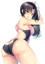 Rule 34 | 1girl, arms up, ass, ass cutout, black hair, bow, breasts, cleft of venus, clothing cutout, commentary request, competition swimsuit, covered erect nipples, cowboy shot, from behind, glaring, hair bow, hair ribbon, large breasts, long hair, looking at viewer, looking back, one-piece swimsuit, open mouth, original, parted bangs, pink eyes, ponytail, purple eyes, ribbon, sanshoku amido, side ponytail, sideboob, sidelocks, simple background, solo, swimsuit, thighs, wet, white background, white bow