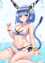 Rule 34 | 1girl, absurdres, alternate costume, azur lane, bare shoulders, bead bracelet, beads, bikini, blue hair, blue nails, bracelet, breasts, choker, cleavage, cross, cross necklace, fleur-de-lis, flower, gascogne (azur lane), gascogne (tropical environs acclimation service equipment) (azur lane), hair between eyes, hair flower, hair ornament, hand up, headgear, highres, jewelry, large breasts, looking at viewer, nail polish, navel, necklace, orange scrunchie, ryara, scrunchie, sitting, solo, stomach, swimsuit, tail, thighs, wariza, wet, wet clothes, wrist scrunchie, yellow eyes