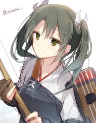 Rule 34 | 10s, 1girl, artist name, bad id, bad twitter id, bow (weapon), collarbone, flight deck, gloves, green hair, hiiragi souren, holding, holding weapon, japanese clothes, kantai collection, kimono, muneate, partially fingerless gloves, partly fingerless gloves, short hair, simple background, smile, solo, twintails, twitter username, upper body, weapon, white background, yugake, zuikaku (kancolle)
