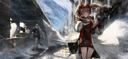 Rule 34 | 3girls, animal ears, arknights, black coat, boots, bridge, brown hair, building, character request, coat, gloves, high heel boots, high heels, highres, holding, holding shield, holding weapon, jacket, kanashi kumo, lamppost, long hair, multiple girls, outdoors, over shoulder, road, shield, shorts, snow, street, sword, sword over shoulder, twintails, utility pole, weapon, weapon over shoulder, white hair, white jacket