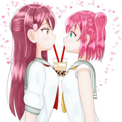 Rule 34 | 10s, 2girls, arms at sides, blue eyes, blush, breasts, bubble tea, bubble tea challenge, cup, disposable cup, drinking, drinking straw, eye contact, grey sailor collar, hair ornament, hairclip, half updo, heart, heart background, highres, kurosawa ruby, long hair, looking at another, love live!, love live! sunshine!!, multiple girls, neckerchief, object on breast, puffy short sleeves, puffy sleeves, ran (gokei1012), red hair, red neckerchief, sailor collar, sakurauchi riko, school uniform, serafuku, shared drink, short hair, short sleeves, simple background, small breasts, twintails, upper body, uranohoshi school uniform, very long hair, white background, yellow eyes, yellow neckerchief, yuri