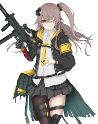 1girl 404_logo_(girls&#039;_frontline) armband asymmetrical_legwear bag black_jacket black_pantyhose black_skirt brown_eyes brown_hair collared_shirt commentary_request cowboy_shot crossed_bangs double-parted_bangs dress_shirt girls&#039;_frontline gun h&amp;k_ump hair_between_eyes highres holding holding_gun holding_weapon hood hood_down hooded_jacket jacket koenza_botoke long_hair looking_at_viewer mechanical_arms mismatched_legwear necktie one_eye_closed one_side_up open_clothes open_jacket pantyhose pleated_skirt scar scar_across_eye shirt sidelocks simple_background single_leg_pantyhose skirt smile solo submachine_gun suppressor thigh_strap trigger_discipline two-sided_fabric two-sided_jacket ump45_(girls&#039;_frontline) weapon white_background white_shirt yellow_armband yellow_jacket yellow_necktie