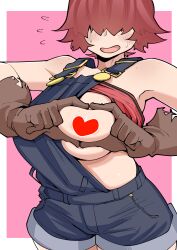 1girl absurdres assha_(schector) bandeau black_overalls blush breasts brown_gloves censored commentary_request cowboy_shot flying_sweatdrops freckles gloves hair_over_eyes heart heart-shaped_boob_challenge heart_censor highres large_breasts long_bangs looking_at_viewer open_mouth original overalls paid_reward_available pink_background red_bandeau smile solo two-tone_background white_background