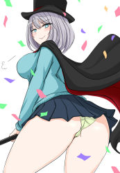 Rule 34 | 1girl, arched back, ass, black cape, black hat, blue eyes, blush, breasts, cameltoe, cane, cape, cardigan, closed mouth, confetti, e-kichi, from behind, from below, green panties, green sweater, hair between eyes, hat, highres, holding, holding cane, large breasts, long sleeves, looking at viewer, looking back, miniskirt, panties, pantyshot, pleated skirt, purple hair, short hair, simple background, sketch, skirt, smile, solo, standing, sweater, tareme, tejina senpai, tejina senpai (series), thick thighs, thighs, top hat, underwear, white background