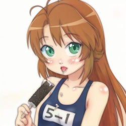 Rule 34 | 1girl, antenna hair, bare shoulders, blue one-piece swimsuit, blush, brown hair, collarbone, commentary request, food, green eyes, koshigaya komari, long hair, looking at viewer, melting, non non biyori, one-piece swimsuit, open mouth, popsicle, school swimsuit, sexually suggestive, shiny skin, simple background, solo, swimsuit, t jiroo (ringofriend), tongue, tongue out, upper body, white background