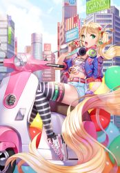 Rule 34 | 1girl, absurdly long hair, artist name, bad id, bad pixiv id, badge, balloon, bandeau, belt, bendy straw, blonde hair, buckle, building, button badge, city, colorful, cropped jacket, cross-laced footwear, cup, day, denim, denim shorts, drink, drinking straw, earrings, eyelashes, eyeliner, ganik (pisshine), green eyes, green nails, hair ornament, headphones, headphones around neck, holding, holding cup, jacket, jewelry, lens flare, long hair, looking at viewer, makeup, mascara, midriff, motor vehicle, nail polish, necklace, open mouth, original, outdoors, pendant, pink footwear, scooter, shibuya (tokyo), shoes, shorts, side ponytail, sign, sitting, sneakers, solo, strapless, striped clothes, striped thighhighs, thigh strap, thighhighs, tokyo (city), tube top, vehicle, very long hair, wristband