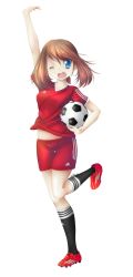 Rule 34 | 1girl, adidas, alternate costume, arm up, artist request, ball, blue eyes, brown hair, child, creatures (company), female focus, flat chest, full body, game freak, gen 3 pokemon, gen 6 pokemon, happy, highres, holding, holding ball, legs, long image, looking at viewer, may (pokemon), may (pokemon oras), medium hair, midriff, navel, neck, nintendo, one eye closed, open mouth, pants, pokemon, pokemon oras, red footwear, red shirt, red shorts, shirt, short-sleeved shirt, short ponytail, short shorts, short sleeves, shorts, side bangs, soccer, soccer ball, soccer uniform, socks, sportswear, standing, standing on one leg, t-shirt, tall image, thighs, thighs together, tight clothes, tight pants, transparent background, unworn headwear, wink