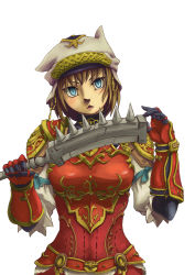 Rule 34 | 00s, 1girl, armor, bad id, bad pixiv id, blue eyes, brown hair, club (weapon), dagger, female focus, final fantasy, final fantasy xi, gloves, hat, holding, holding club, holding weapon, knife, mihli aliapoh, mithra (ff11), red armor, short hair, simple background, solo, suzuno (bookshelf), weapon, white hat