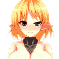 Rule 34 | 1girl, between breasts, blonde hair, blush, breasts, cleavage, female focus, green eyes, mizuhashi parsee, pointy ears, short hair, solo, squinting, touhou, tro (trombe), uneven eyes, wince