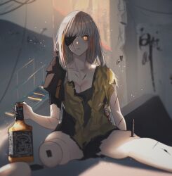 Rule 34 | 1girl, alcohol, ankodesoy, bottle, breasts, cleavage, collarbone, damaged, expressionless, eyepatch, girls&#039; frontline, highres, holding, holding bottle, indoors, injury, jack daniel&#039;s, joints, long hair, looking at viewer, m16a1 (boss) (girls&#039; frontline), m16a1 (girls&#039; frontline), medium breasts, multicolored hair, pleated skirt, robot joints, scar, scar on face, severed limb, sitting, skirt, solo, spread legs, torn clothes, whiskey, white hair, yellow eyes