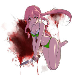 Rule 34 | 1girl, :p, bad id, bad pixiv id, bare shoulders, barefoot, bikini, blood, blush, breasts squeezed together, breasts, cleavage, frilled bikini, frills, front-tie top, gasai yuno, green bikini, knife, long hair, mirai nikki, navel, pink eyes, pink hair, raind, skindentation, smile, solo, swimsuit, tongue, tongue out, twintails, weapon