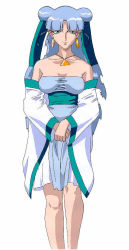 Rule 34 | 1girl, bare shoulders, blue eyes, blue hair, detached sleeves, earrings, jewelry, long hair, master of mosquiton, matching hair/eyes, solo, white background, yuki (master of mosquiton)