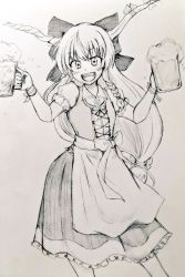 Rule 34 | 1girl, alcohol, apron, beer, beer mug, bow, braid, commentary request, cross-laced clothes, cup, d-m (dii emu), dress, fang, foam, frilled apron, frilled dress, frills, german clothes, greyscale, hair ribbon, horns, ibuki suika, long hair, monochrome, mug, oni, oni horns, open mouth, puffy short sleeves, puffy sleeves, ribbon, short sleeves, standing, touhou, traditional media, very long hair