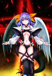 Rule 34 | 1girl, absurdres, arc system works, asymmetrical wings, bare shoulders, black thighhighs, blue hair, bow, breasts, center opening, choker, dizzy (guilty gear), dragontaro, evandragon, guilty gear, hair bow, highres, long hair, looking at viewer, navel, outstretched arms, petals, red eyes, ribbon, smile, solo, tail, tail ornament, tail ribbon, thighhighs, underboob, wings