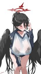 Rule 34 | 1girl, black hair, black wings, blue archive, blush, bra, breasts, breath, gym uniform, haine 1871, hair between eyes, halo, hand on own head, hand on own knee, hasumi (blue archive), hasumi (track) (blue archive), highres, huge breasts, jacket, leaning forward, looking to the side, official alternate costume, red eyes, red hair, see-through, shirt, signature, simple background, solo, sweat, sweatdrop, track jacket, underwear, wet, wet clothes, wet shirt, white background, wings, zipper pull tab