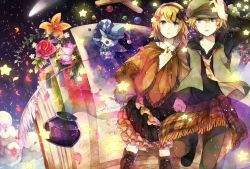 Rule 34 | 1boy, 1girl, bad id, bad pixiv id, blonde hair, blue eyes, book, boots, brother and sister, cloud, comet, doll, dress, flower, hairband, hana (mew), holding hands, hat, hetero, jewelry, kagamine len, kagamine rin, necklace, necktie, ribbon, rose, shawl, siblings, star (sky), star (symbol), treble clef, twins, vocaloid