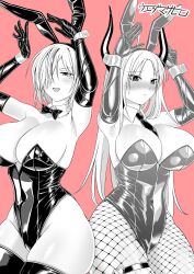 Rule 34 | 2girls, absurdres, animal ears, armpits, arms up, black gloves, black thighhighs, blush, breasts, cleavage, elbow gloves, fake animal ears, fishnet pantyhose, fishnets, gloves, greyscale, hair over one eye, heart, highres, huge breasts, large breasts, leotard, long hair, looking at viewer, mole, mole under eye, monochrome, mshr1003, multiple girls, necktie, open mouth, original, pantyhose, playboy bunny, rabbit ears, ribbon, short hair, smile, sweat, thighhighs, wrist cuffs