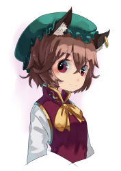 Rule 34 | 1girl, animal ears, brown hair, cat ears, chen, dress, earrings, hashiro, hat, jewelry, long sleeves, mob cap, red eyes, ribbon, shirt, short hair, simple background, single earring, solo, standing, touhou, upper body, vest, white background, white shirt