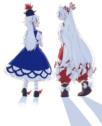 Rule 34 | 2girls, black footwear, blue dress, blue hair, blue headwear, book, bow, brown footwear, commentary request, dress, from behind, fujiwara no mokou, full body, hair bow, hand in pocket, hat, holding, holding book, itomugi-kun, kamishirasawa keine, long hair, looking at another, multicolored hair, multiple girls, open mouth, pants, red bow, red eyes, red pants, shirt, shoes, short sleeves, simple background, socks, torn clothes, torn sleeves, touhou, two-tone hair, white background, white bow, white hair, white legwear, white shirt