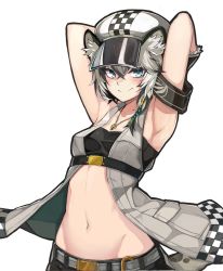 Rule 34 | 1girl, animal ear fluff, animal ears, arknights, armband, armpits, arms behind head, arms up, bandeau, bare shoulders, belt, beret, blue eyes, cliffheart (arknights), crop top, female focus, groin, hat, highres, idashige (walkietalkie), jewelry, leopard ears, leopard tail, looking at viewer, midriff, multicolored hair, navel, necklace, revealing clothes, short hair, simple background, sleeveless, smile, solo, stomach, tail, two-tone hair, upper body, white background, white hair, white hat