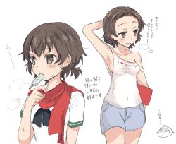 Rule 34 | 10s, 1girl, abenattou, armpits, bare shoulders, blush, breasts, brown eyes, brown hair, caesar (girls und panzer), food, girls und panzer, large breasts, open mouth, popsicle, short hair, shorts, sideboob, solo, standing, sweat, tank top, translation request, white background