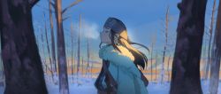 Rule 34 | 1girl, ainu clothes, asirpa, bandana, bare tree, black hair, blue sky, breath, choker, closed mouth, cold, commentary, dagger, day, earrings, english commentary, closed eyes, from side, fur trim, golden kamuy, highres, hoop earrings, jewelry, knife, long hair, mountainous horizon, outdoors, profile, scabbard, sheath, sheathed, sidelocks, sky, snow, solo, sunlight, tree, upper body, valantains, weapon