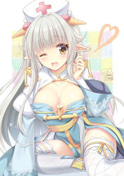 Rule 34 | 1girl, arch bishop (ragnarok online), blue dress, blush, breasts, brown eyes, cleavage, cleavage cutout, clothing cutout, commentary request, cross, dated, dress, feet out of frame, fishnet thighhighs, fishnets, frilled sleeves, frills, hat, heart, horns, juliet sleeves, kawai maria, large breasts, long hair, long sleeves, looking at viewer, nurse cap, one eye closed, open mouth, pointy ears, puffy sleeves, ragnarok online, sheep horns, signature, silver hair, sitting, solo, thighhighs, two-tone dress, white dress, white thighhighs, yokozuwari
