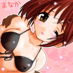 Rule 34 | 00s, 1girl, ;o, bikini, character name, hand on shoulder, kei (fortune), komaki manaka, light particles, one eye closed, open mouth, outline, red hair, solo focus, swimsuit, to heart (series), to heart 2