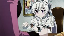 Rule 34 | 10s, 2girls, animated, animated gif, blonde hair, blush, chaika trabant, character request, eating, fork, hitsugi no chaika, lowres, multiple girls, purple eyes, red eyes, smile, white hair