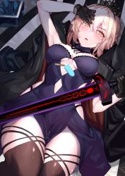 Rule 34 | 1girl, artoria pendragon (all), artoria pendragon (fate), black coat, black gloves, black thighhighs, blonde hair, blush, breasts, coat, commentary, commentary request, excalibur morgan (fate), fate/grand order, fate (series), food, gloves, hair ornament, highres, lying, medium breasts, ninoude (ninoude44), on back, parted lips, popsicle, saber alter, solo, sword, thighhighs, thighs, tiara, weapon