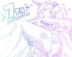 Rule 34 | 2girls, ahoge, alakoala, anniversary, braid, carrying, commentary request, crown, detached sleeves, double bun, dress, flower, french braid, garter straps, hairband, headgear, highres, hug, japanese clothes, kantai collection, kongou (kancolle), lineart, long hair, long sleeves, mini crown, monochrome, multiple girls, off-shoulder dress, off shoulder, princess carry, ribbon-trimmed sleeves, ribbon trim, rose, thighhighs, warspite (kancolle)