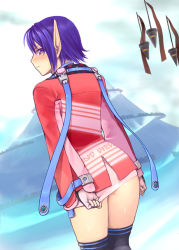 Rule 34 | 1girl, angry, ass, bad id, bad pixiv id, black thighhighs, blue background, blush, clothes pull, elf, embarrassed, fingerless gloves, from behind, gloves, jacket, karen erra, long sleeves, looking back, nose blush, phantasy star, phantasy star universe, pointy ears, purple eyes, purple hair, sega, skirt, skirt pull, solo, standing, thighhighs, yuzuriha (active homing), zettai ryouiki