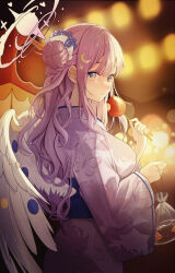 Rule 34 | 1girl, absurdres, bag, bagged fish, blue archive, blurry, blurry background, breasts, candy, eating, feathered wings, fish, food, from side, hair bun, halo, highres, holding, holding candy, holding food, japanese clothes, kimono, large breasts, light smile, looking at viewer, looking to the side, mika (blue archive), obi, outdoors, pink hair, purple kimono, sash, single side bun, solo, summer festival, themaree, white wings, wings, yukata