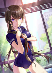 Rule 34 | 1girl, blush, breasts, brown hair, holding, holding hair, jh, long hair, looking at viewer, original, parted lips, ponytail, purple eyes, sailor collar, school swimsuit, solo, swimsuit, very long hair, wet