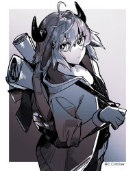 Rule 34 | 1boy, animal ears, antenna hair, arknights, backpack, bag, bison (arknights), border, brown theme, closed mouth, gradient background, highres, horns, jacket, looking at viewer, male focus, map, mirin chikuwa, monochrome, outside border, shirt, solo, twitter username, white border