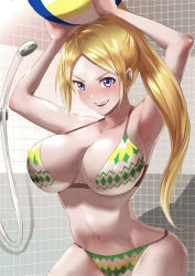 Rule 34 | 10s, 1girl, alternate eye color, armpits, arms up, ball, beachball, bikini, blonde hair, blush, breasts, cleavage, covered erect nipples, harukana receive, highres, holding, holding ball, holding beachball, huge breasts, indoors, long hair, looking at viewer, navel, parted lips, ponytail, purple eyes, shadow, shower, smile, solo, standing, swimsuit, thomas claire, tiles, uenoryoma