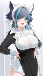 Rule 34 | 1girl, absurdres, animal ears, azur lane, blue eyes, bra, breasts, cheshire (azur lane), cleavage, cross, cross necklace, fake animal ears, fang, hands on own hips, highres, jewelry, lace, lace-trimmed bra, lace trim, large breasts, long sleeves, maid headdress, multicolored hair, necklace, qing wu, see-through, see-through cleavage, skin fang, solo, streaked hair, translucent, underwear
