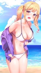 Rule 34 | 1girl, absurdres, bang dream!, bare shoulders, beach, bikini, blonde hair, blue sky, blush, breasts, cleavage, cloud, collarbone, commentary request, covered erect nipples, cowboy shot, day, hair ornament, halterneck, highres, ichigaya arisa, jacket, large breasts, leaning forward, long hair, long sleeves, looking at viewer, lower teeth only, midriff, navel, nishinomiya suzu, ocean, off shoulder, open mouth, outdoors, purple jacket, sidelocks, sky, solo, standing, swimsuit, teeth, twintails, white bikini, x hair ornament, yellow eyes