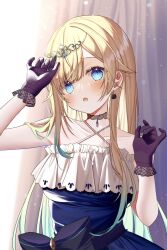 Rule 34 | 1girl, :o, aizawa ema, arm up, bare arms, bare shoulders, black bow, black choker, black gloves, blonde hair, blue dress, blue eyes, blush, bow, breasts, cat earrings, choker, collarbone, criss-cross halter, curtains, dress, earrings, gloves, gradient hair, green hair, hair between eyes, halterneck, highres, jewelry, lace, lace-trimmed gloves, lace choker, lace trim, long hair, looking at viewer, medium breasts, multicolored hair, open mouth, pome charo, solo, tiara, two-tone hair, virtual youtuber, vspo!, waist bow