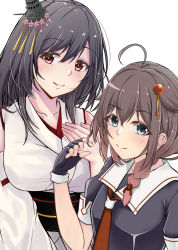 Rule 34 | 2girls, aga marino, ahoge, black gloves, black hair, black serafuku, blue eyes, braid, brown hair, commentary request, detached sleeves, fingerless gloves, gloves, hair flaps, hair ornament, hair over shoulder, hand on own chest, japanese clothes, jewelry, kantai collection, looking at viewer, multiple girls, neckerchief, red eyes, red neckerchief, ring, school uniform, serafuku, shigure (kancolle), short hair, simple background, single braid, smile, translation request, w, white background, wide sleeves, yamashiro (kancolle)