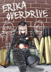 Rule 34 | 10s, 1girl, against wall, ammunition, bad id, bad pixiv id, bag, binoculars, blue eyes, boots, brick wall, briefcase, character name, combat boots, crate, crossed arms, crossed legs, doodle, drawing, foreshortening, frown, gaditava, garrison cap, gas can, girls und panzer, graffiti, gun, hat, headset, itsumi erika, jerry can, long hair, looking at viewer, looking down, machine gun, mg 34, nishizumi maho, nishizumi miho, pleated skirt, school bag, school briefcase, serious, shell (projectile), silver hair, sitting, skirt, solo, uniform, weapon, wehrmacht