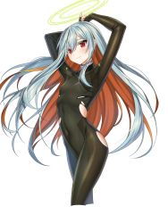 Rule 34 | 1girl, arms up, bodysuit, breasts, controlline3, counter:side, covered navel, halo, highres, long hair, multicolored hair, orange hair, red eyes, sigma (counter:side), silver hair, skin tight, small breasts, solo, torn clothes, white background