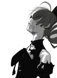 Rule 34 | 1girl, absurdres, black bow, black dress, blood, blood on face, bow, covered eyes, derivative work, double bun, dress, greyscale, hair behind ear, hair bun, highres, hololive, hololive indonesia, hyde (tabakko), kaneki profile picture (meme), kureiji ollie, leaning back, looking up, comic panel redraw, meme, monochrome, parted lips, solo, stitched face, stitches, tokyo ghoul, tokyo ghoul:re, torn clothes, torn dress, virtual youtuber, white background, zombie