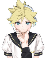 Rule 34 | 1boy, aqua eyes, blonde hair, commentary, headphones, headset, kagamine len, light blush, light frown, looking at viewer, male focus, master (vocaloid), naoko (naonocoto), necktie, pov, pov hands, shirt, short sleeves, simple background, spiked hair, sweat, v-shaped eyebrows, vocaloid, white background, white shirt, yellow neckwear