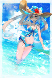 Rule 34 | 1girl, bikini, blue bikini, blue eyes, blush, breasts, collarbone, day, dutch angle, fate/grand order, fate (series), frilled bikini, frills, front-tie bikini top, front-tie top, grey hair, hair between eyes, half-closed eyes, hand on headwear, hat, long hair, looking at viewer, marie antoinette (fate), marie antoinette (fate/grand order), marie antoinette (swimsuit caster) (fate), marie antoinette (swimsuit caster) (third ascension) (fate), medium breasts, navel, ocean, open mouth, outdoors, smile, solo, splashing, sun hat, swimsuit, tareme, thighs, twitter username, very long hair, wading, yat573