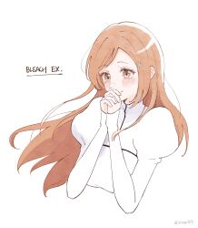 Rule 34 | 1girl, absurdres, bleach, blush, breasts, closed mouth, copyright name, cropped torso, dress, hair ornament, hairclip, highres, inoue orihime, interlocked fingers, large breasts, long hair, long sleeves, looking afar, looking ahead, orange eyes, orange hair, own hands clasped, own hands together, puffy long sleeves, puffy sleeves, rinner373, simple background, sleeves past wrists, smile, solo, twitter username, upper body, white background, white dress
