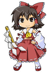 Rule 34 | 1girl, bow, brown eyes, brown hair, clog sandals, detached sleeves, elroadmaster, female focus, full body, gohei, hair bow, hakurei reimu, highres, japanese clothes, miko, navel, sandals, short hair, simple background, skirt, solo, touhou, white background, zouri