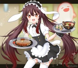 Rule 34 | 1girl, :d, = =, animal ears, apron, black hairband, black skirt, blurry, blurry background, brown hair, center frills, chopsticks, closed eyes, collared shirt, commentary request, cosplay, depth of field, fake animal ears, fang, fleur de lapin uniform, floppy ears, flower-shaped pupils, food, food request, frilled apron, frilled hairband, frilled skirt, frills, genshin impact, gochuumon wa usagi desu ka?, hair between eyes, hairband, holding, holding tray, hu tao (genshin impact), letterboxed, long hair, mitya, open mouth, pleated skirt, puffy short sleeves, puffy sleeves, rabbit ears, red eyes, shirt, short sleeves, skirt, smile, solo, symbol-shaped pupils, teeth, thighhighs, tray, twitter username, upper teeth only, very long hair, waist apron, white apron, white shirt