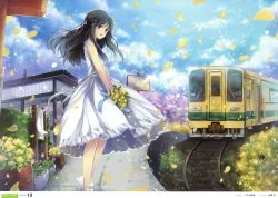 Rule 34 | 1girl, :d, absurdres, black eyes, black hair, bouquet, cloud, copyright request, day, dress, flower, hagiwara rin, hair ribbon, half updo, highres, huge filesize, long hair, open mouth, petals, railroad tracks, ribbon, scan, shoes, sky, smile, solo, sundress, train